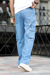 Denim Men's Multipockets Baggy Jeans In Light Blue